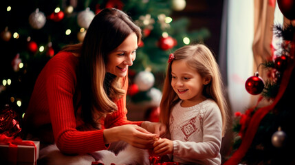 Fototapeta na wymiar a happy family mother and child pack Christmas gifts at home near the Christmas tree. Ai generated