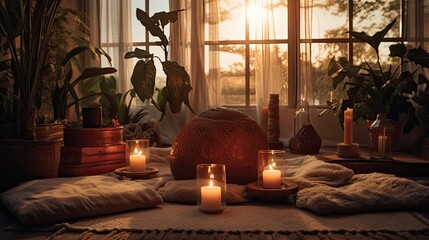 A peaceful meditation room with earthy elements and space for yoga. Romantic interior design. 