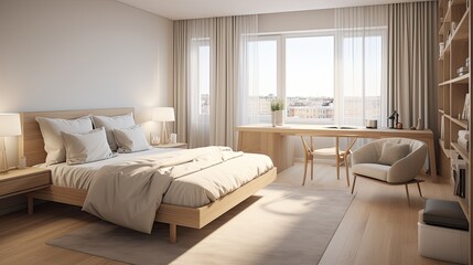 Fototapeta na wymiar Nordic neutrality guest room with neutral color tones. Modern scandinavian interior design. Simple bedroom. 