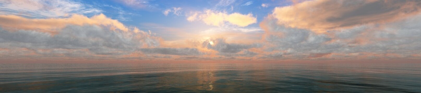 panorama of the ocean sunset, sea sunset, the sun in the clouds over the water, 3D rendering