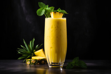 Glass of pineapple smoothie and whole fruit on dark background. Summer, holiday concept. Raw, vegan, vegetarian, clean eating diet.