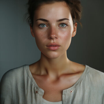 jeune fille de face en t-shirt gris pris en int&eacute;rieur, regard fixe et surprise