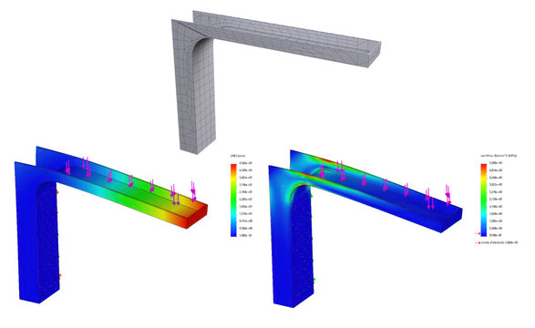 illustration 3D de mod&egrave;les solides d'une &eacute;querre avec maillage et r&eacute;sultats d'analyse par &eacute;l&eacute;ments finis d&eacute;form&eacute;s apr&egrave;s torsion