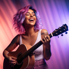 Obraz premium Portrait of a beautiful young woman with pink hair playing guitar.