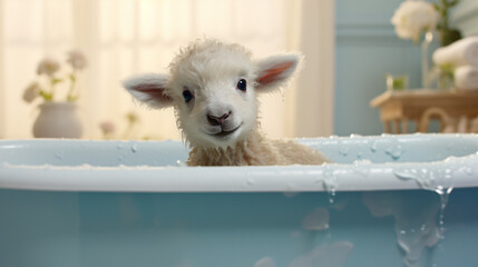 Cute baby sheep sitting in bathtub