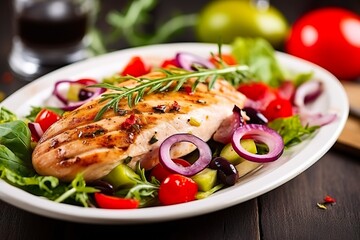 Grilled chicken breast with tomatoes, red pepper, organic green and kalamata olives. - obrazy, fototapety, plakaty