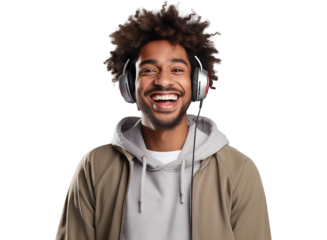 African American music lover deriving pleasure from beats and rhythm through headphones, cut out