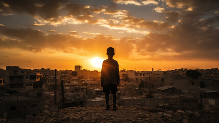 A kid looking at the sunset surrounded with destroyed buildings in war zone. Hoping for freedom