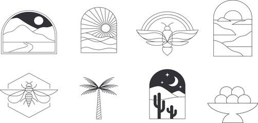 Boho style vector set, Botanical logo set, Bohemian linear logos