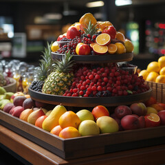 A colorful fruit display at a store