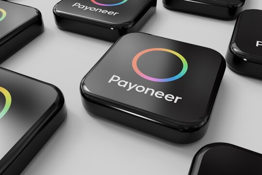 LONDON, UK - October 2023: Payoneer online payment sharing service provider company logo. 3D Rendering
