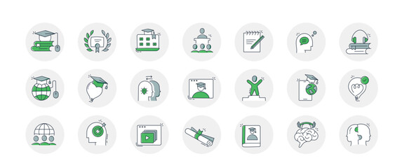 Custom Hand Drawn Online Learning Icons cover various topics related to online education, including e-learning, distance learning, virtual classrooms, and learning management systems.
