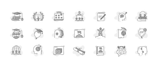 Custom Hand Drawn Online Learning Icons cover various topics related to online education, including e-learning, distance learning, virtual classrooms, and learning management systems.