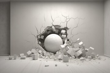 Destruction: wall demolished by a ball. Empty space on right. 3D render. Generative AI