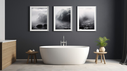 Dark gray tiles white bathtub