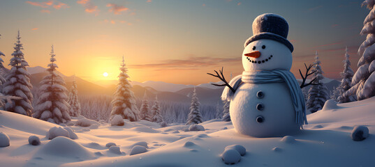 Snowman on the background of the night city. Christmas background.