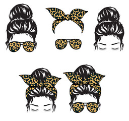 Woman face silhouette set with messy bun, bandana and aviator glasses. Mom life hashtag.Mom Lifestyle file cut, vector illustration designs. Messy bun jpeg, messy bun eps. File cricut, silhouette