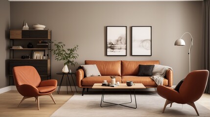 scandinavian design living room  with painting on the wall and a leather sofa