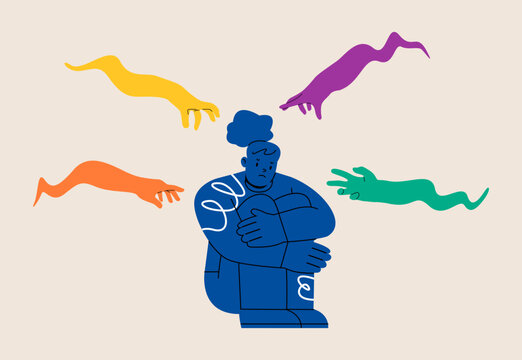 Fearful woman sitting with evil hand threaten. Anxiety or stressed burnout or negative thinking concept. Colorful vector illustration