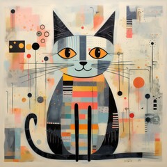 Cute cat painting. A vintage and classic-themed textured abstract hand-drawn doodle painting of an adorable cat, suitable for wall decor with a contemporary style.
