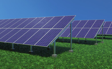 Photovoltaic panels of the solar electric station. The power plant array of the sun energy generation system. 3d rendering - 665471388