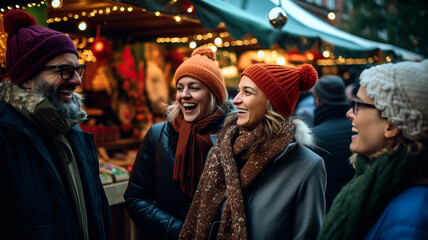 Fototapeta premium Friends Enjoying of a traditional Christmas Market and a charming winter holidays.