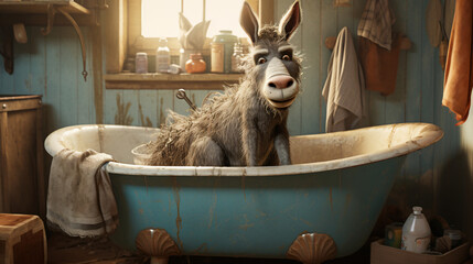 Donkey sitting in bathtub