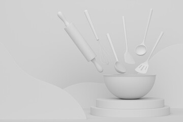 Abstract scene or podium with bowl and kitchen utensil on monochrome. - obrazy, fototapety, plakaty