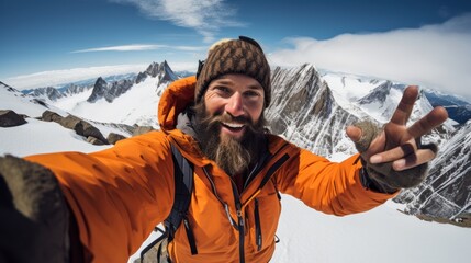 a mountaineer at the summit, taking a triumphant selfie against the backdrop of snow