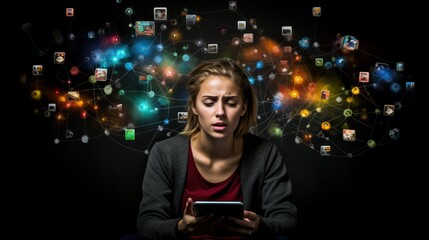 a young women surrounded by floating social media icons, looking overwhelmed