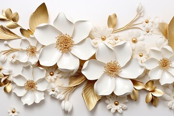 Fototapeta na wymiar 3d gold flowers white backgroung.