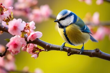 A Bluetit bird resting on the branch of a tree. - obrazy, fototapety, plakaty