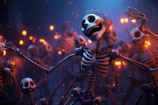 A digital illustration of dark joyful dancing skeletons, celebrating life and death. Generative Ai