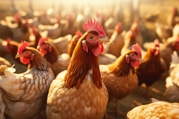 Group of chickens on a poultry farm in the sunset light. The concept of rural farming.