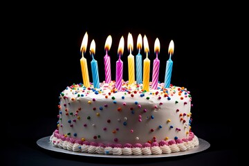 Colourful birthday cake with candles. AI Generated