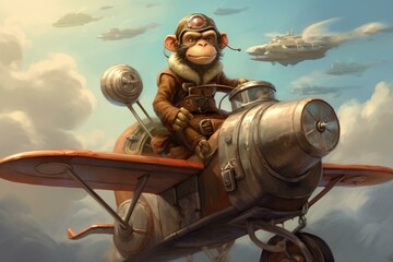 Monkey pilot flies cartoonishly. Generative AI