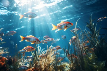Fishes in an aquarium. Background with selective focus and copy space