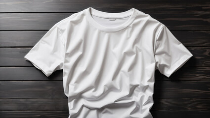 top view white t-shirt mockup over black wooden table background. Backdrop with copy space. Backdrop with copy space. Minimalist concept.