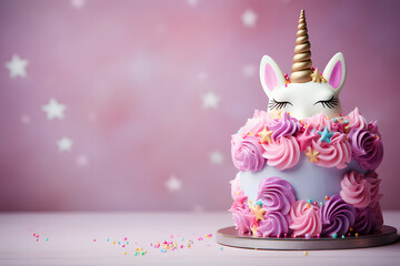 Unicorn cake with pink frosting and copy space to side.