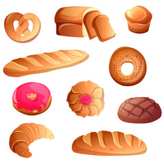 Set of bakery breads and fresh pastries. Cartoon bread vector illustration, icons. Bakery products, roll baguette, bread loaf and toast, sweet donut, muffin, pretzel  and croissant. 