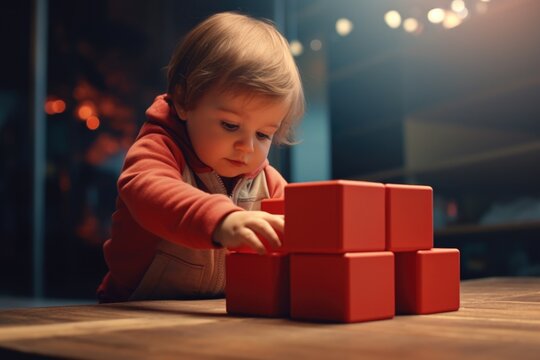 Little Girl Playing with Red Blocks