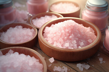 Obraz na płótnie Canvas Himalayan pink salt in glass bowl on wooden table, closeup