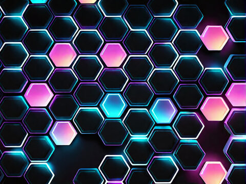 Background with geometric shapes with neon glitter. AI