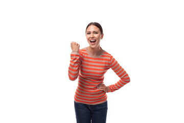 Fototapeta premium young joyful european slender woman dressed in casual clothes is experiencing happiness