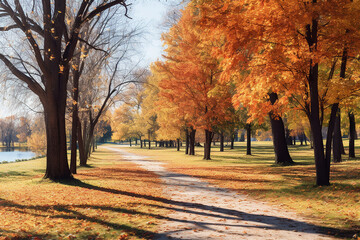 Naklejka premium The beautiful landscape of the orange and yellow leaves of trees growing along the path covered with leaves in autumn or fall season on a sunny day. Generative AI.