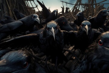 Group of Black Birds Standing Together
