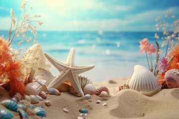 Fototapeta na wymiar Shells and Starfish on a Sandy Beach