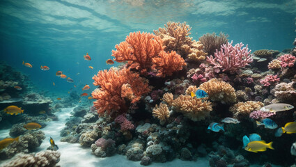 A stunning underwater view of a vibrant coral reef with exotic fish and crystal-clear waters.