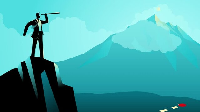 Business concept motion graphics of a businessman on top of the rock using telescope looking to the top of a mountain. Strategy, planning, forecast in business concept