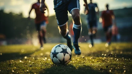 Fotobehang close-up photo of a professional soccer player playing football on a green grass pitch at a big stadium. dribbling the ball against opponents. soccer match on a field © Jiraphiphat